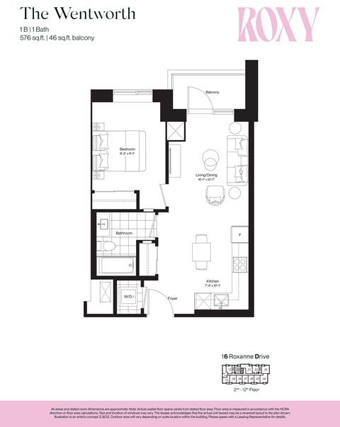 Floor plan for 1 bed, 1 bath, 576 sqft